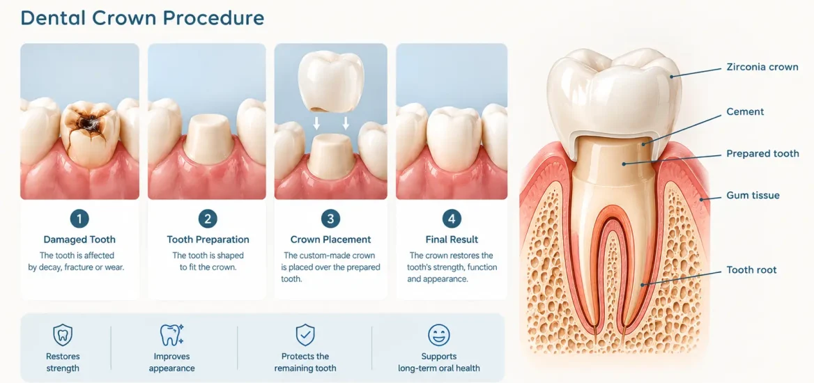 Dental crown placed over a prepared tooth