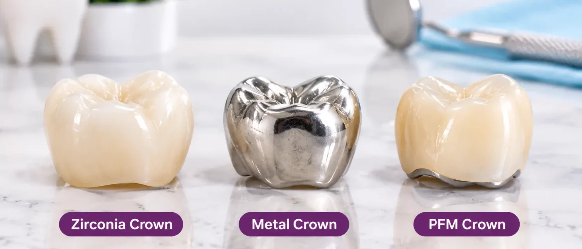 Types of dental crowns zirconia, metal and PFM
